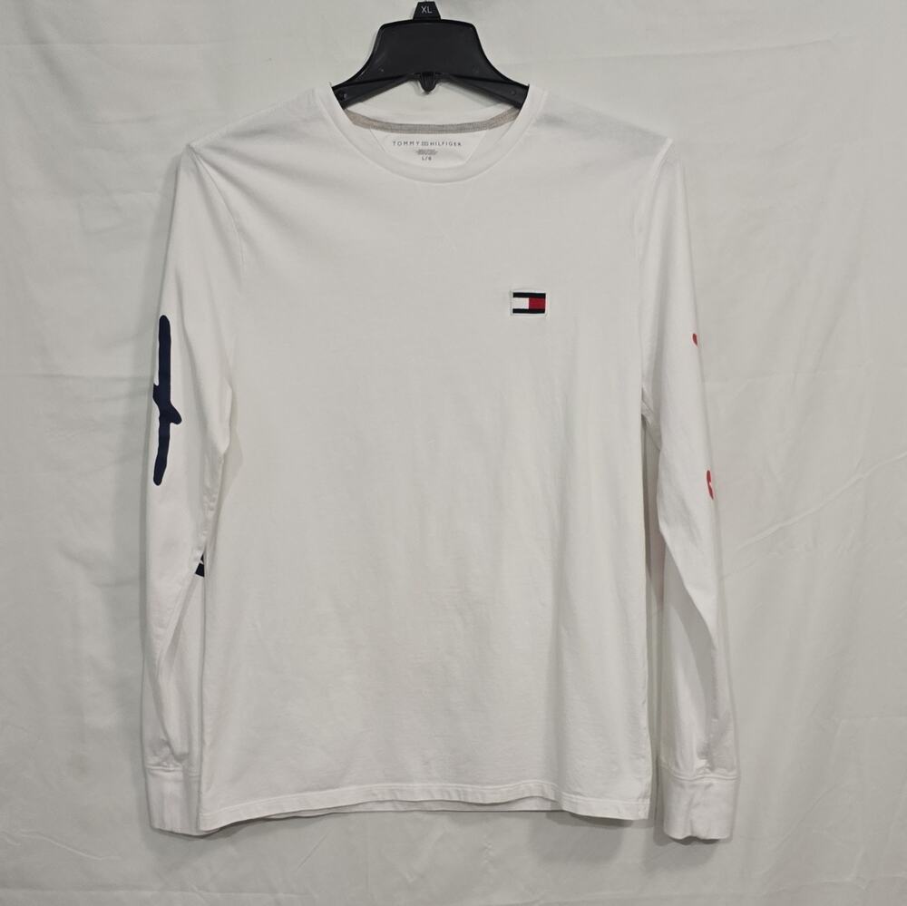Tommy Hilfiger Mens L White Cotton Knit Crew Neck Long Sleeve Flag Logo Tee